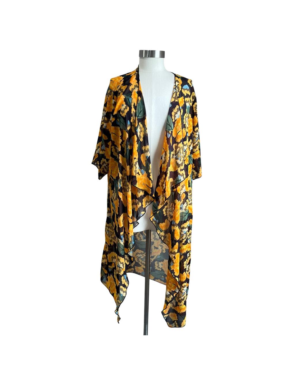 Lularoe Shirley Sheer Kimono Open Cardigan Floral Black‎ And Yellow Sz Medium